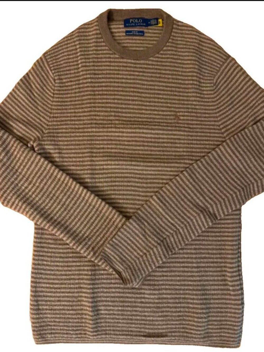 Polo Ralph Lauren Men’s  Slim Camel Striped Merino Wool Crewneck Sweater Medium